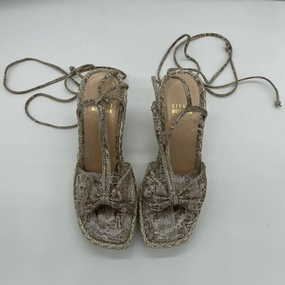 Stuart Weitzman Wishful Espadrilles Wedge Sandal - Tan Nairobi Patch - 6M